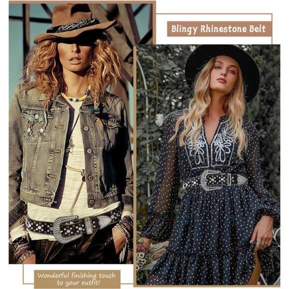 Women Rhinestone Belt for Jeans, Men Western Cowgirl Bling Studded Belt Faux main image 5